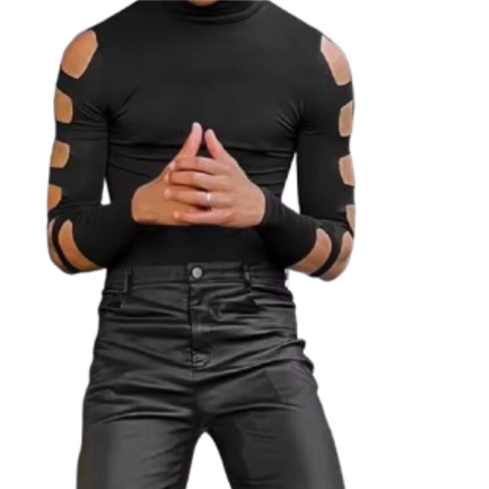 Men Cut-Out Sleeve Bodysuit Black Stretch Clubwear Big and Tall 5X